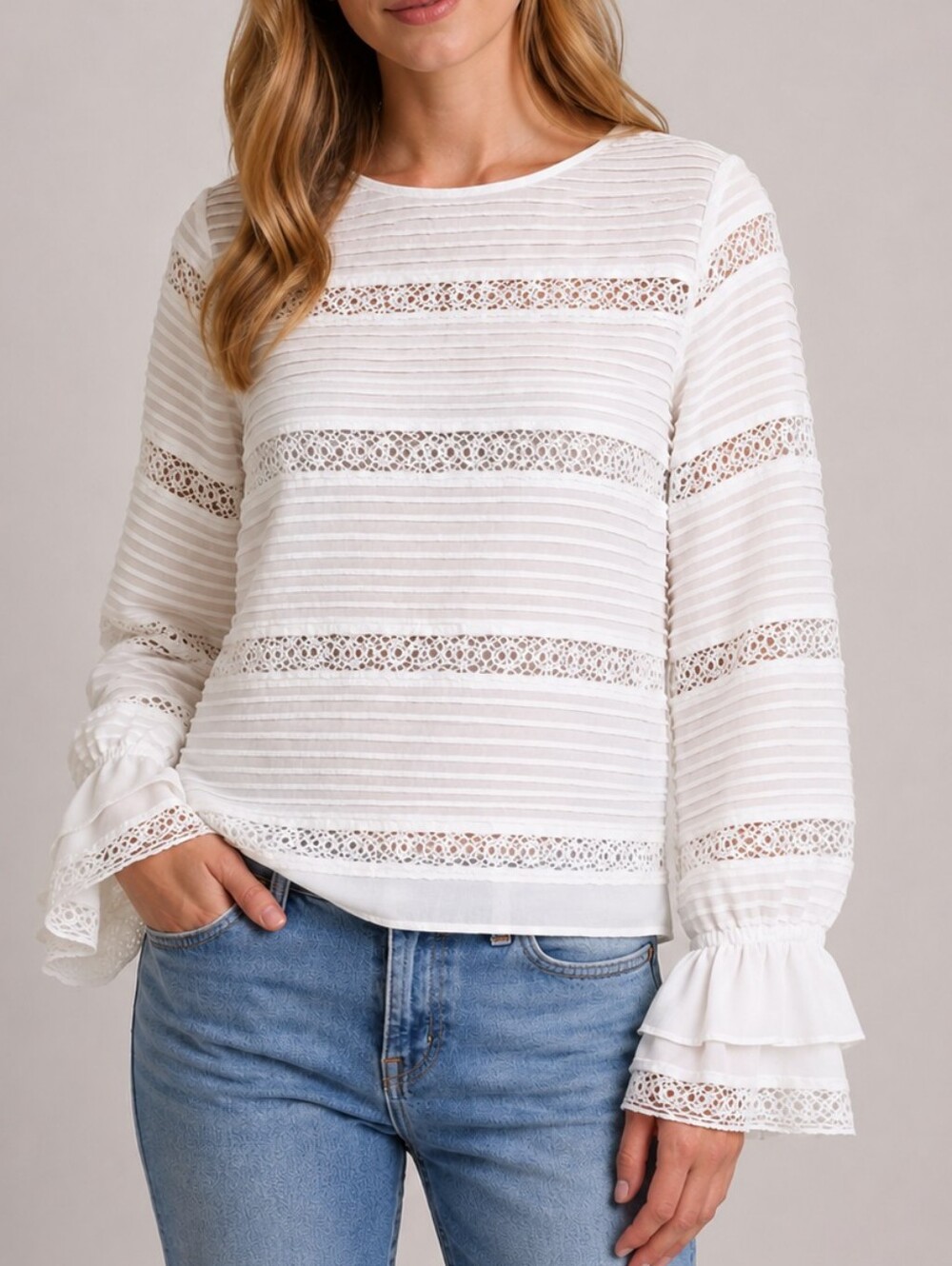 Chelsea28 White Lace Sheer Ruffle Sleeve Blouse